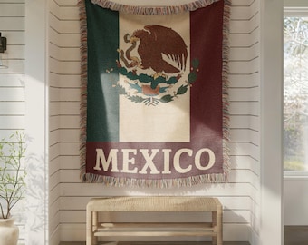 Mexikansk vävd filt – Serape-pläd med mexikansk flagga – Latinamerikansk gåva – Fiesta-dekor – Aztekinspirerad design
