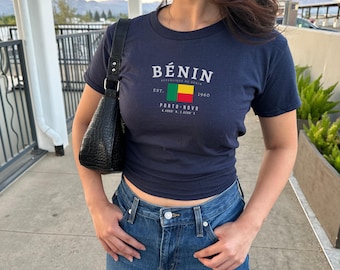 Benin Baby Tee, Bénin Y2K Crop Top, Vintage Benin Flag Shirt, Porto-Novo Aesthetic Tee, West African Pride T-Shirt for Women