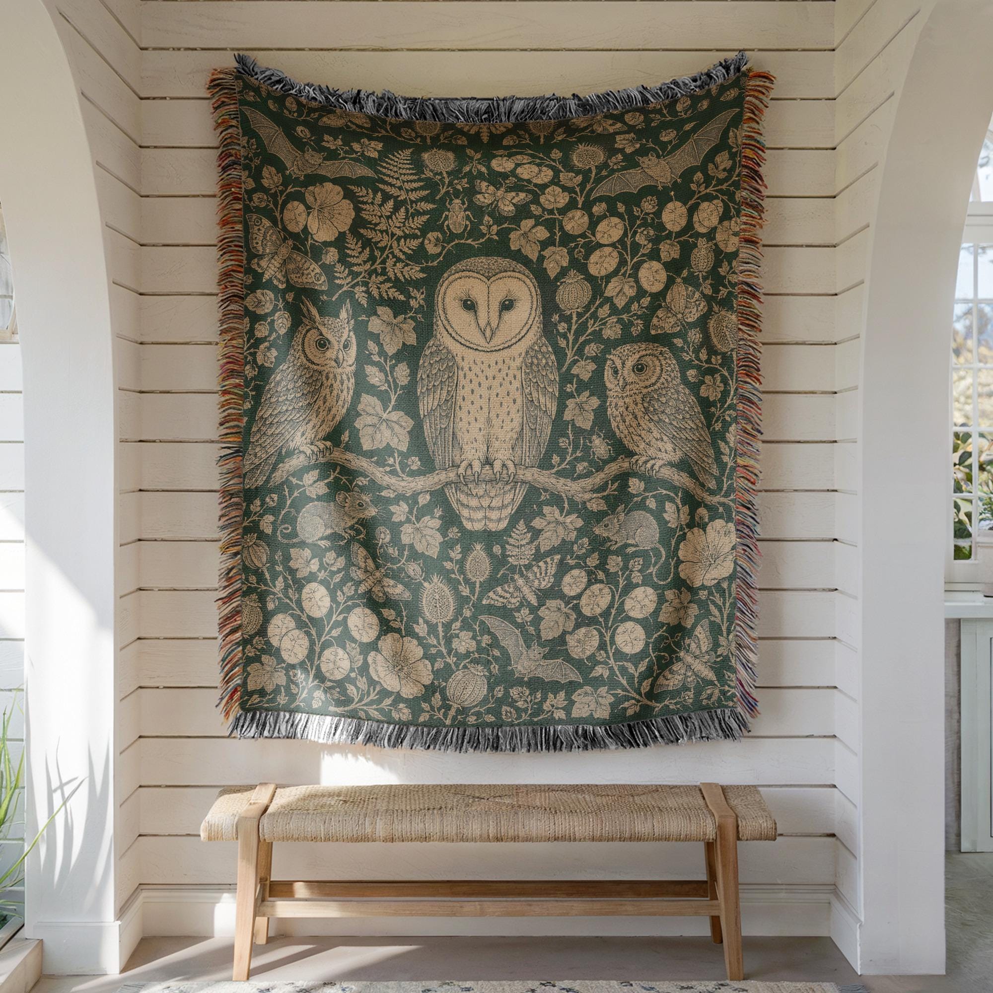 Owl Woven Blanket, Victorian Botanical Tapestry Throw, Forest Green Woodland Wall Hanging, Dark Cott