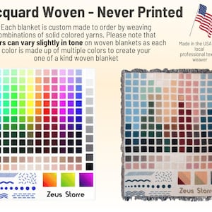 May include: A woven blanket with a color palette design, featuring a variety of squares in different colors. The blanket is made in the USA by a local professional textile weaver. The text "Jacquard Woven - Never Printed" is at the top.