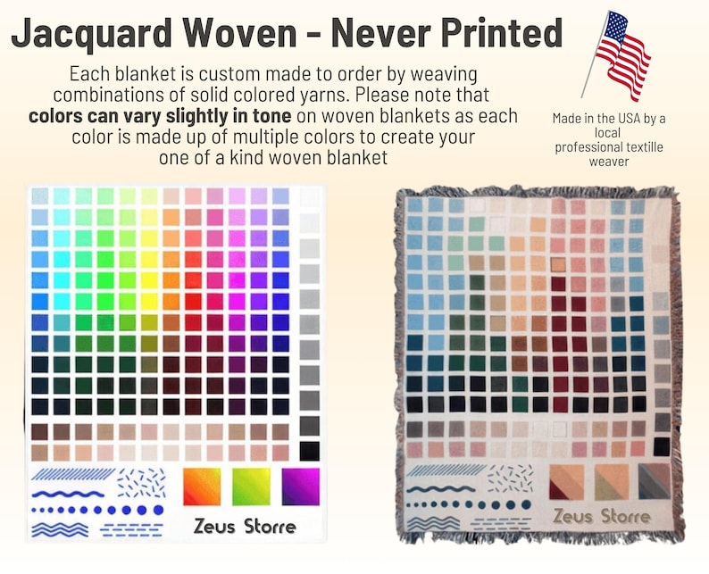 May include: A woven blanket with a color palette design, featuring a variety of squares in different colors. The blanket is made in the USA by a local professional textile weaver. The text "Jacquard Woven - Never Printed" is at the top.
