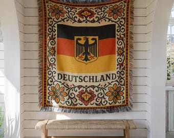 Deutschland Woven Blanket – German Flag & Eagle Patriotic Throw, Vintage Germany Tapestry, Deutschland Home Decor Gift