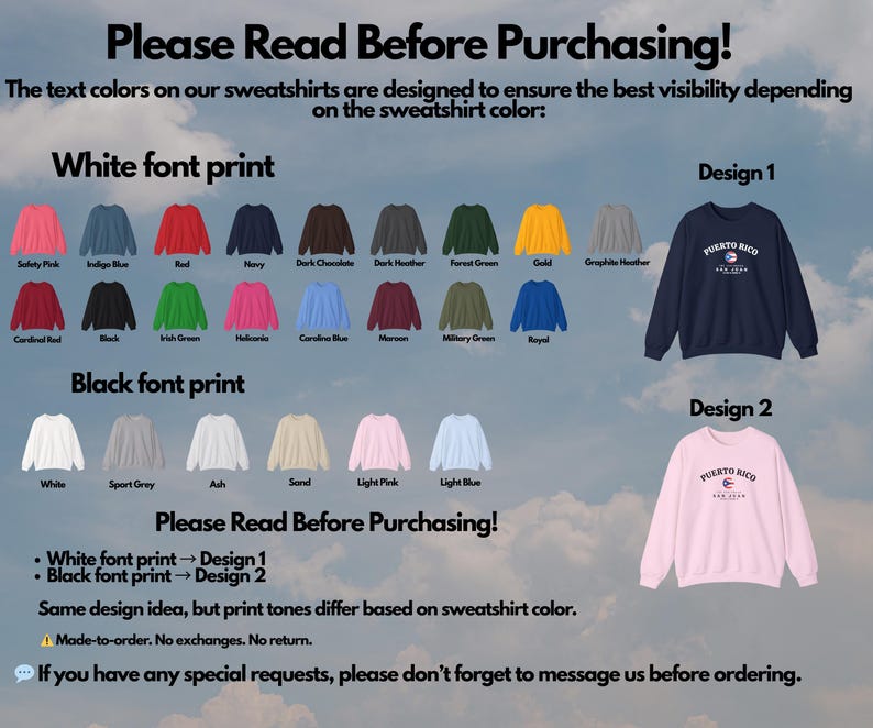 Puede incluir: Imagen de producto que muestra una variedad de sudaderas con diferentes opciones de color y colores de impresi&oacute;n de fuente. La imagen incluye una sudadera azul marino y una sudadera rosa claro, cada una con un dise&ntilde;o con el texto "Puerto Rico".