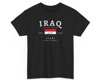 Camiseta unisex de Irak, camiseta con la bandera iraquí, camiseta gráfica vintage de Bagdad, ropa urbana de Oriente Medio, camiseta extragrande con el orgullo iraquí