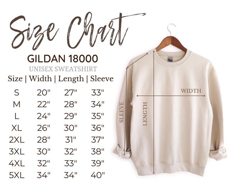 Puede incluir: Una sudadera unisex Gildan 18000 color crema en una percha de madera. La imagen incluye una tabla de tallas con medidas en pulgadas para el ancho, el largo y el largo de la manga, que van desde la talla S hasta la 5XL. El texto "Size Chart" est&aacute; en la parte superior.