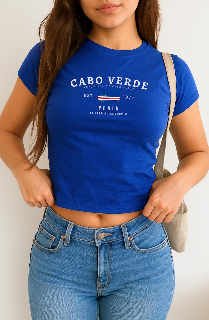 Cabo Verde Baby Tee, Cape Verde Y2K Crop Top, Vintage Flag Shirt, Praia Aesthetic Tee, West African Island Pride T-Shirt for Women image 1
