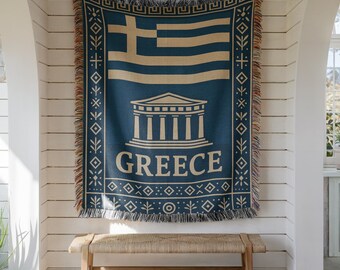 Greece Woven Blanket – Greek Flag and Ancient Temple Patriotic Throw, Vintage Greece Tapestry, Mediterranean Home Decor Gift