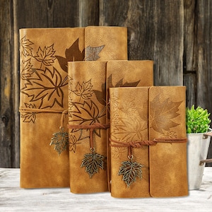 Vintage Leather Journal - Refillable Faux Leather Notebook with Strap, Embossed Maple Leaf, Custom Name/Logo, Travel Diary, Sketchbook