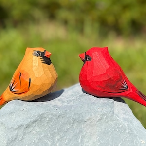 Song Sparrow & Northern Cardinal - Handcarved Wooden Bird Figurines, Home Decor, Wood Bird Gift for Bird Lovers - Christmas gift