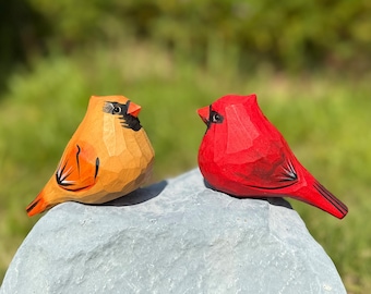Bruant chanteur et cardinal - Figurines d'oiseaux en bois sculptées à la main, décoration d'intérieur, cadeau oiseau en bois pour les amateurs d'oiseaux - Cadeau de Noël