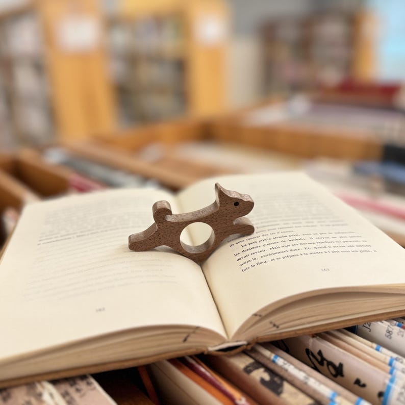 May include: A wooden bookend shaped like a rabbit, holding a book open. The bookend is brown and has a natural wood finish. The book is open to a page with French text.