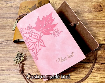 Vintage Leather Journal - Refillable Faux Leather Notebook with Strap, Embossed Maple Leaf, Custom Name/Logo, Travel Diary, Sketchbook