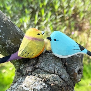 Goldfinch & Bluebird - Handcarved Wooden Bird Figurines, Wood Bird Ornament Home Decor, Cute Wood Bird Gift for Bird Lovers - Christmas gift