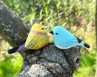 Goldfinch & Bluebird - Handcarved Wooden Bird Figurines, Wood Bird Ornament Home Decor, Cute Wood Bird Gift for Bird Lovers - Christmas gift