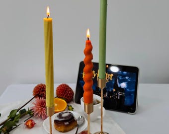 Handmade Soy Wax Taper Candles, Set of 3, Mustard Yellow, Burnt Orange & Sage Green, Halloween Table Decor, Autumn Gift
