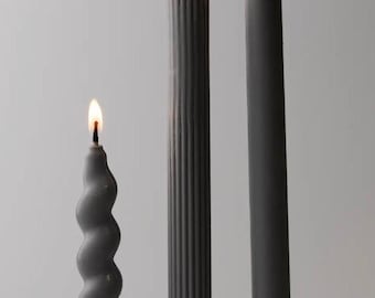 Handmade Soy Wax Taper Candles - Set of 3, Gray Twist, Ribbed & Classic, Minimalist Unscented Candles, Autumn Home Decor, Halloween