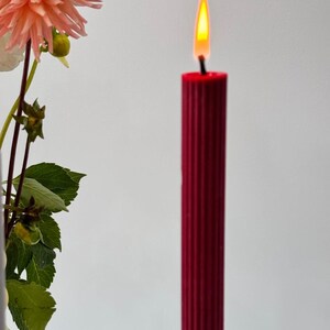 May include: A lit, ribbed, burgundy candle with a yellow and orange flame. A pink flower and green foliage are visible in the background. The candle is a decorative item, suitable for home decor or special occasions.