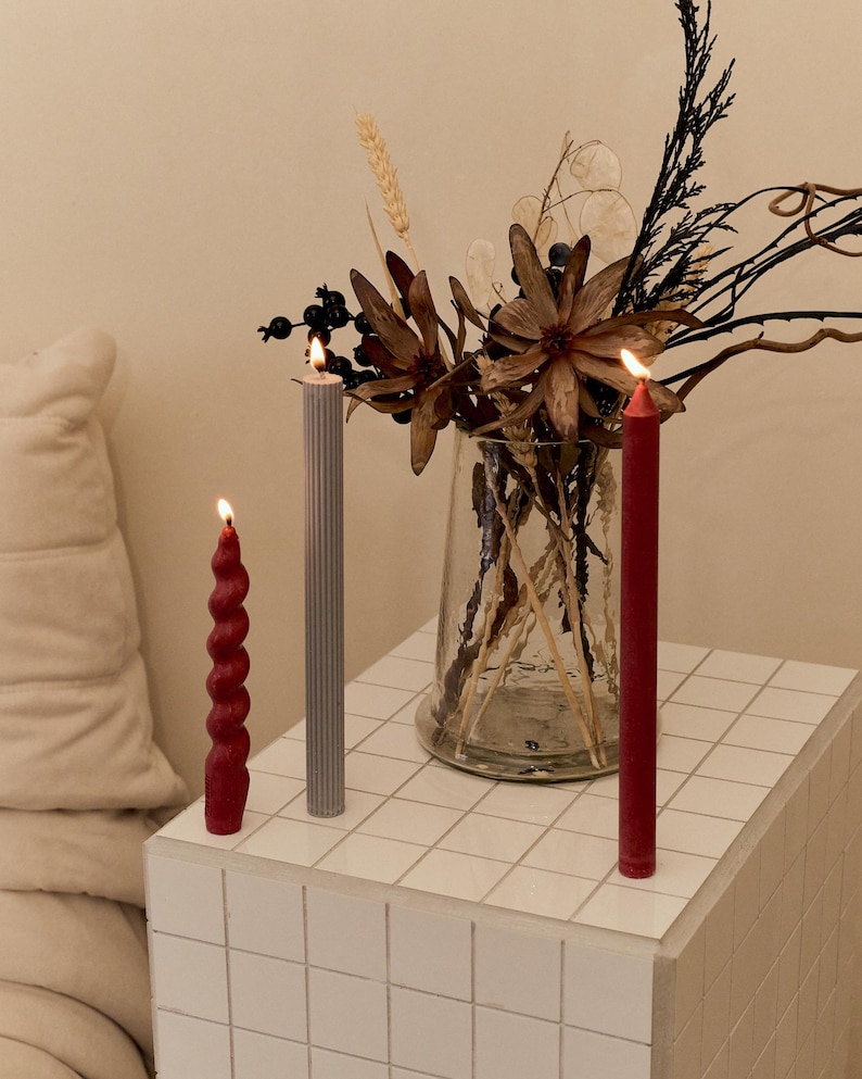 Handmade Soy Wax Taper Candles, Set of 3, Halloween Home Decor, Burgundy, Ribbed and Classic Candle, Deep Red Unscented Dinner Candles image 2