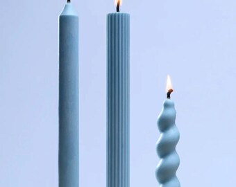 Blue Taper Candles Set of 3, Sculptural Candles, Ribbed Decorative Candles, Modern Minimalist Table Decor, Home Gift