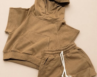 Toddler Short Sweat Set | Kids Hoodie & Shorts Set | Cotton Summer Outfit | Neutral Sage Green and Tan | Comfy Kids Lounge Set