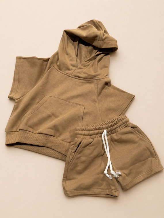 Toddler Short Sweat Set | Kids Hoodie & Shorts Set | Cotton Summer Outfit | Neutral Sage Green and Tan | Comfy Kids Lounge Set