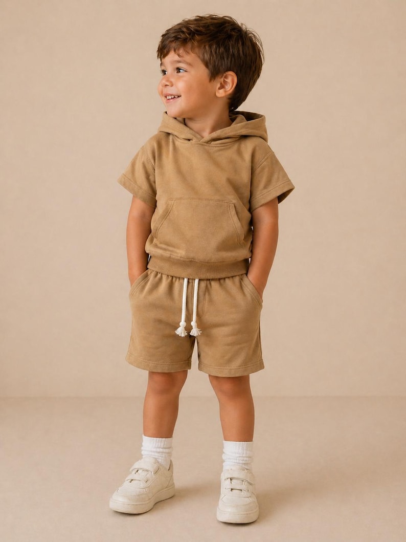 May include: A child wearing a tan short-sleeved hoodie and matching shorts with a drawstring. The outfit includes white sneakers and socks. The child is smiling and looking to the side.