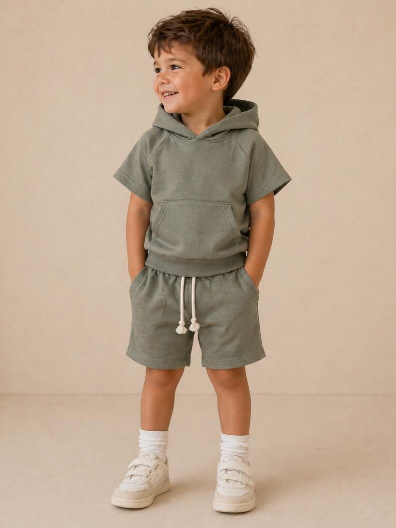 May include: A young child wearing a sage green short-sleeved hoodie and matching shorts. The shorts have a drawstring waist. The child is also wearing white socks and white sneakers with velcro straps. The background is a solid, neutral color.