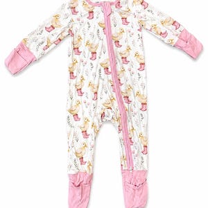 Duck Bamboo Zipper Romper for Babies | Soft Breathable Baby Pajamas | Double Zipper Sleeper | Neutral & Pink Duck Print Baby Outfit