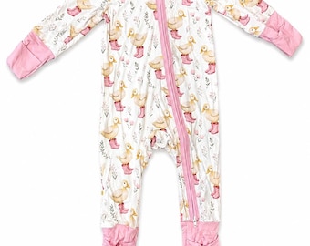 Duck Bamboo Zipper Romper for Babies | Soft Breathable Baby Pajamas | Double Zipper Sleeper | Neutral & Pink Duck Print Baby Outfit