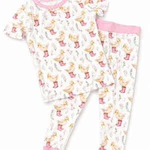 Duck Bamboo Two Piece Pajamas for Toddlers | Soft Breathable Kids Sleepwear | Neutral & Pink Duck Print Pajama Set | Toddler Outfit