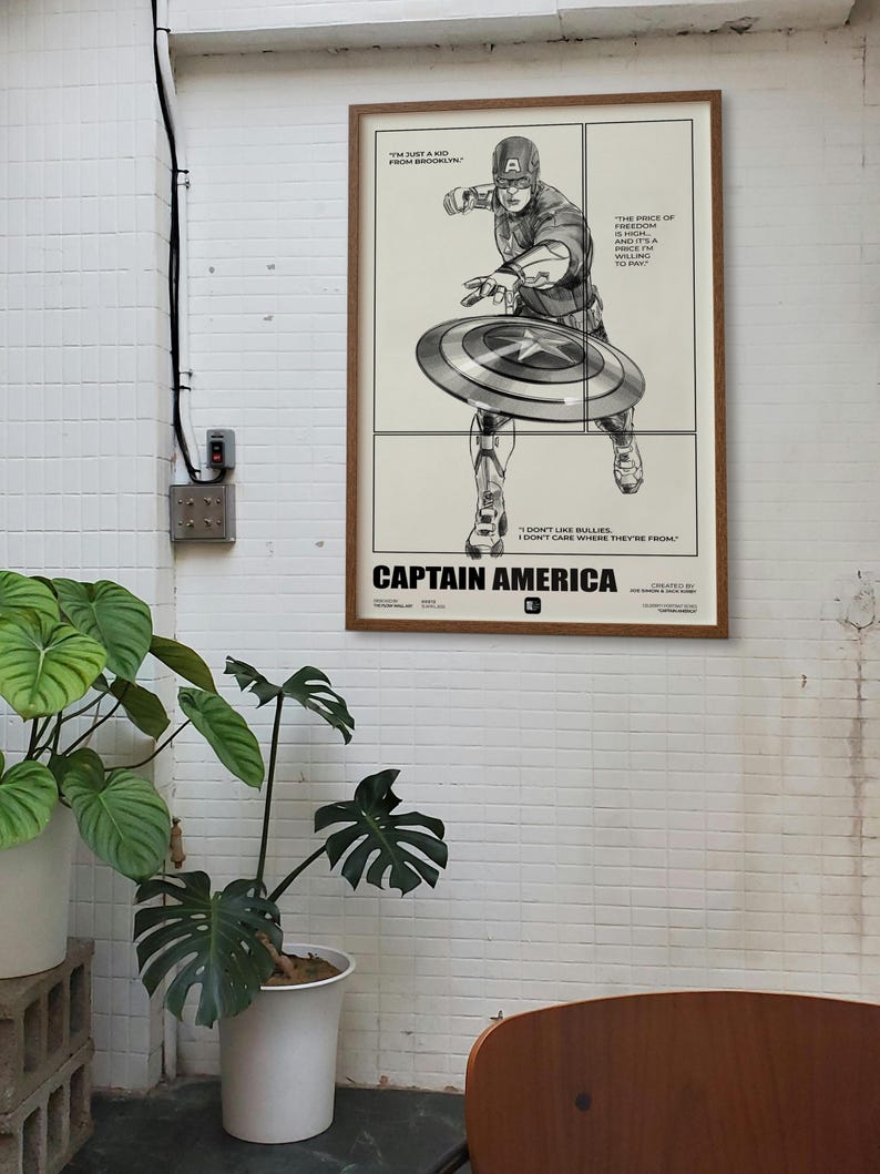 May include: Black and white illustration of Captain America throwing his shield. The image includes quotes from Captain America, including "I'm just a kid from Brooklyn" and "The price of freedom is a price I'm willing to pay."