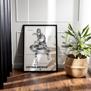 May include: Black and white poster featuring a comic book illustration of Captain America throwing his shield. The poster has a black frame and the text "I'm just a kid from Brooklyn" and "The price of freedom is high, but it's a price I'm willing to pay" is visible. The poster is titled "Captain America".