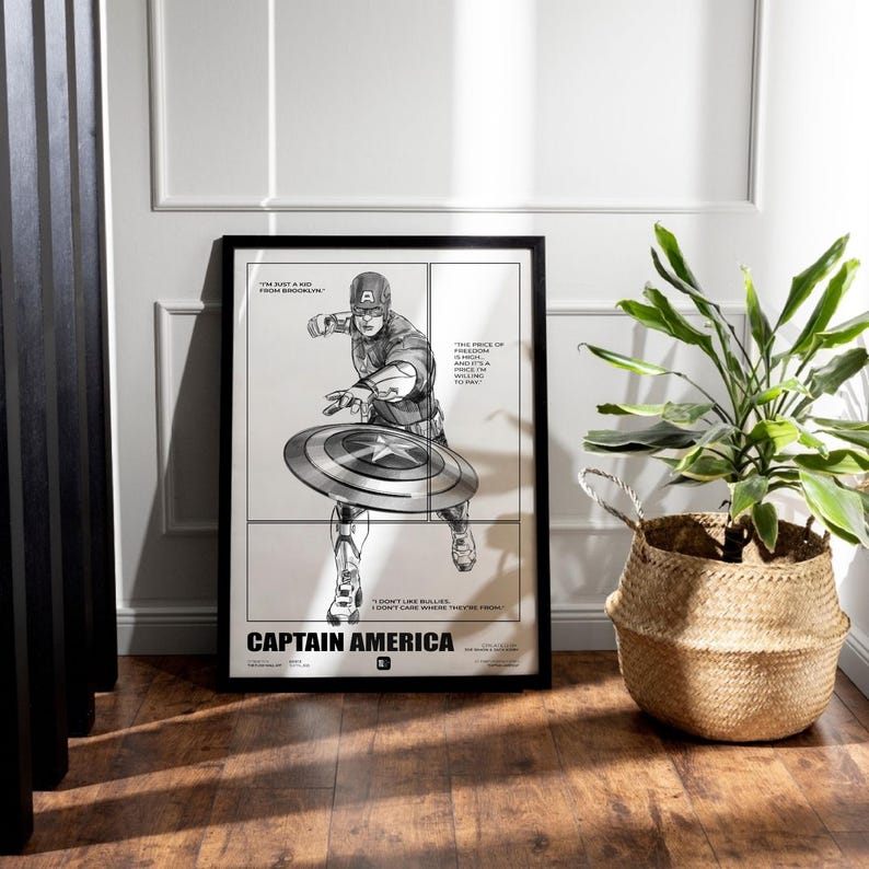 May include: Black and white poster featuring a comic book illustration of Captain America throwing his shield. The poster has a black frame and the text "I'm just a kid from Brooklyn" and "The price of freedom is high, but it's a price I'm willing to pay" is visible. The poster is titled "Captain America".