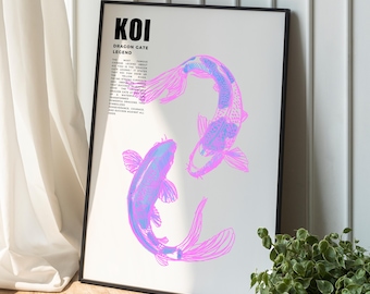 Kunstprint koivissen: Japans design, kleurrijk wanddecor (digitale download)