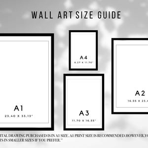May include: A wall art size guide with four different sizes of frames. The sizes are labeled A1, A2, A3, and A4. The dimensions of each size are listed in inches. The text "The digital drawing purchased is in A1 size. A1 print size is recommended. However, you can also get prints in smaller sizes if you prefer." is at the bottom of the image.