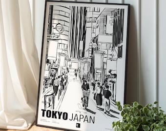 Impressão de arte de rua de Tóquio: paisagem urbana japonesa desenhada à mão em preto e branco (download digital)