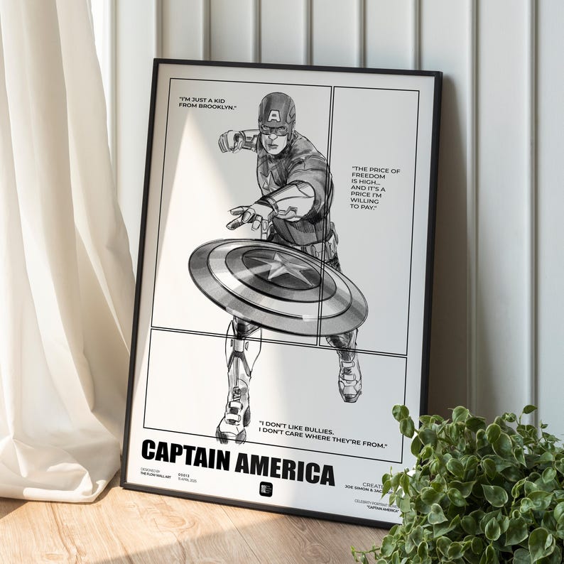 Captain America Minimalist Art Print: Hand Drawn Superhero Poster (Digital Download) image 1