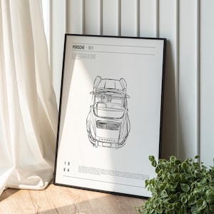 Porsche 911 Vintage Minimalist Zeichnung, Geschenk für Auto-Liebhaber, sofort herunterladbare Wandkunst, Haus oder Büro Dekor, Auto-Skizze für Sie oder Ihn