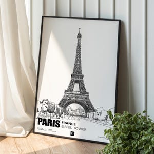 Paris Eiffel Tower Art Print, Hand-drawn Digital France Wall Decor, Elegant Architectural Drawing of Eiffel, Unique Gift for Paris Lovers