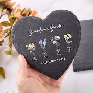 Custom Garden Stone,Mother’s Day Gifts for Grandma with Grandkid&#39;s Birth Flower Gift,Heart Shaped Garden Decor,Grandma Gift,Mothers Day Gift
