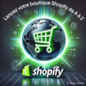 May include: A green shopping cart icon on a black globe with a green glow around it. The text "Lancez votre boutique Shopify de A à Z" is in the top left corner of the image. The text "shopify" is in green and white 3D letters in the bottom right corner of the image. The text "E-book ultime" is in white text in the bottom right corner of the image.