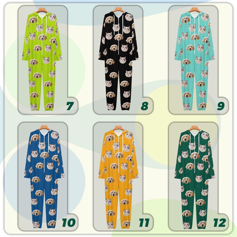 May include: A collection of six hooded onesie pajamas in various colors, each adorned with a repeating pattern of dog faces. Colors include green, black, teal, blue, yellow, and dark green. The pajamas have long sleeves and legs, and a zipper closure.
