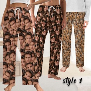 May include: Three pairs of patterned pajama trousers. One pair features a collage of male faces, another showcases a collage of female faces wearing sunglasses, and the third displays a pattern of small, brown dogs. All trousers have a drawstring waist.