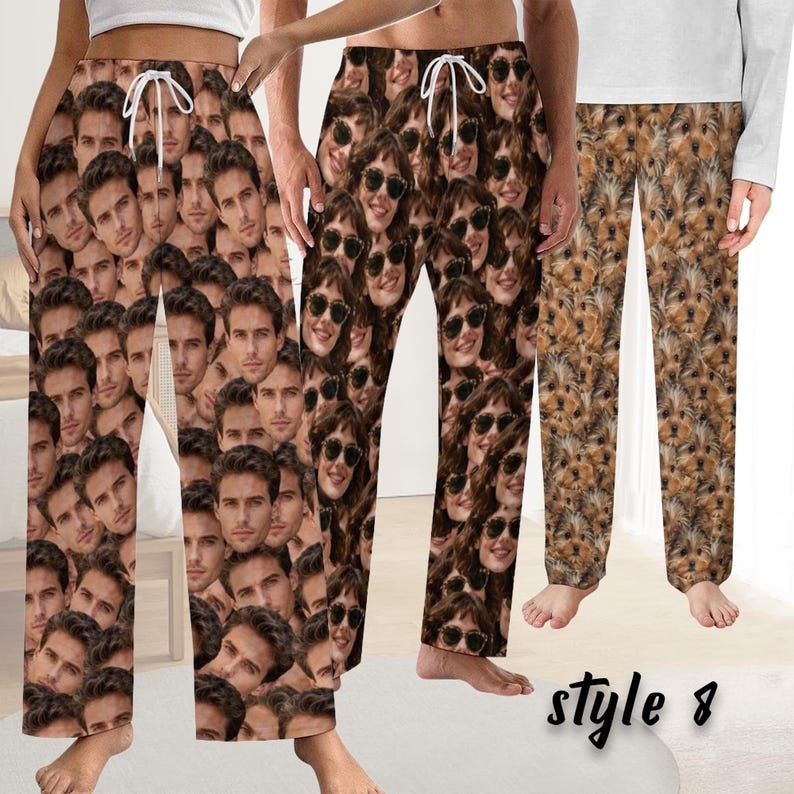 May include: Three pairs of patterned pajama trousers. One pair features a collage of male faces, another showcases a collage of female faces wearing sunglasses, and the third displays a pattern of small, brown dogs. All trousers have a drawstring waist.