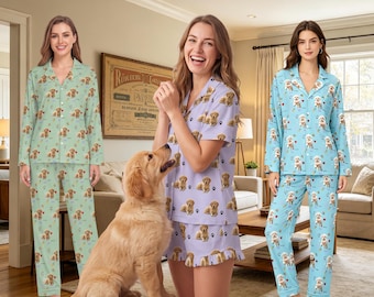Personalized Women Pajamas Set, Summer Short Pajamas, Dog Portrait, Pet Lover Gift, Pet Photo Pajamas, Memorial Gift, Custom Gift for Her