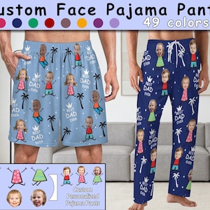 May include: Custom pajama pants in light blue and navy blue, featuring personalized faces and the text "Best Dad Ever." The pants also include cartoon figures, palm trees, and a crown design. The image shows both shorts and long pants.