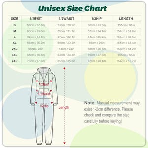 May include: Unisex size chart with measurements in inches and centimeters for a hooded jumpsuit. Sizes range from S to 4XL, including bust, waist, hip, and length measurements. A diagram illustrates the measurement points. The text advises checking measurements before buying.