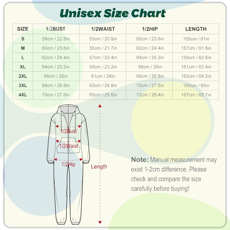 May include: Unisex size chart with measurements in inches and centimeters for a hooded jumpsuit. Sizes range from S to 4XL, including bust, waist, hip, and length measurements. A diagram illustrates the measurement points. The text advises checking measurements before buying.