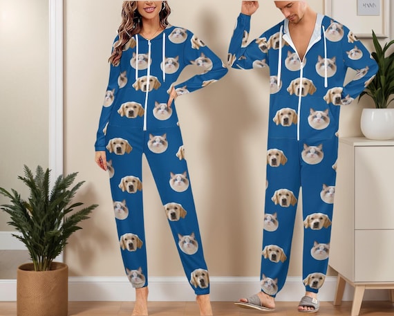 Custom Face Pajamas, Personalized Adult Onesie, Matching Couple Loungewear