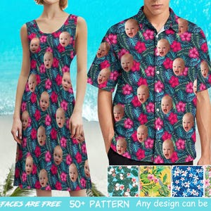 Könnte beinhalten: Ein ärmelloses Kleid und ein kurzärmeliges Hemd mit einem sich wiederholenden Muster aus Babygesichtern, rosa Blumen und grünen Blättern auf dunkelblauem Hintergrund. Der Text unten lautet "1-5 FACES ARE FREE 50+ PATTERN Any design can be done".